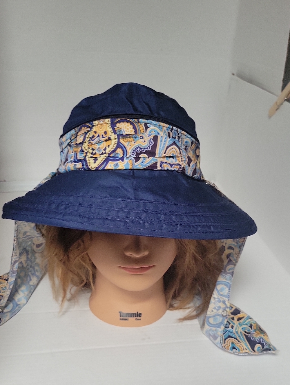 Navy Blue Sun Hat with Paisley Scarf Accent